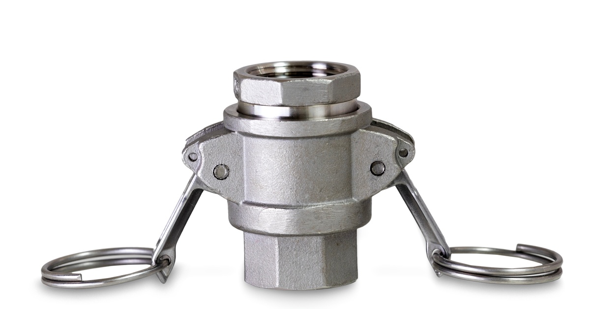 A single stainless steel camlock fitting on a white background. The fitting has two loops of metal on either side.