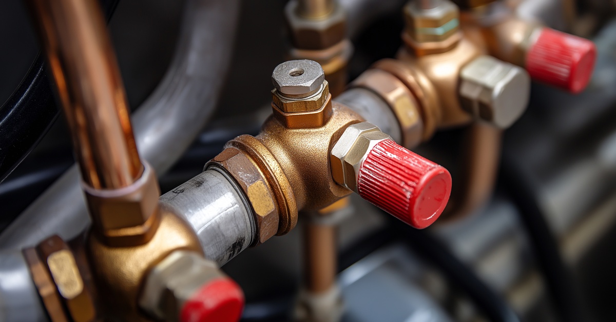 A closeup of brass plumbing valves in between a steel pipe. The valves had large red handles on their sides.
