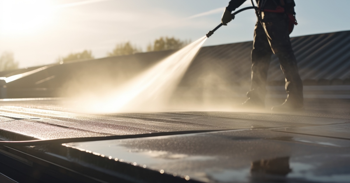 A man in coveralls using a pressure washing machine to clean a concrete sidewalk. A wide stream of water comes form the hose.