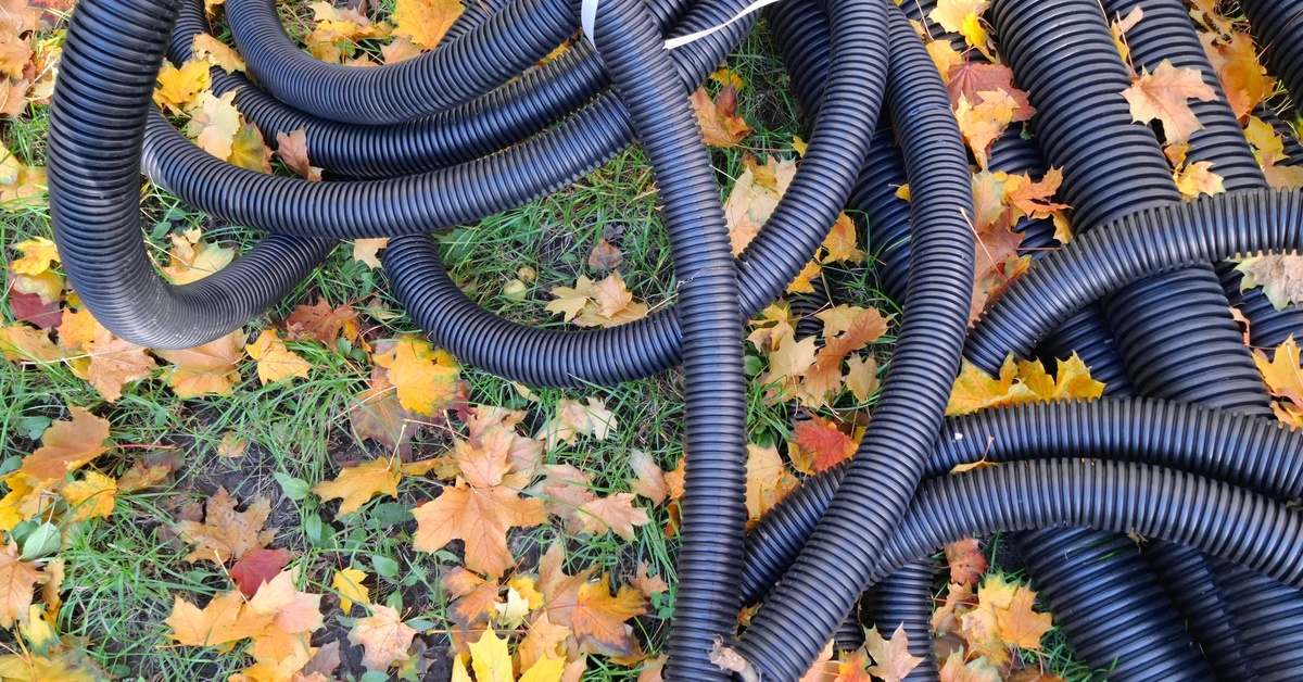 A tangle of black, corrugated hose wrapped around itself multiple times. The hose is on top of a pile of fallen leaves.