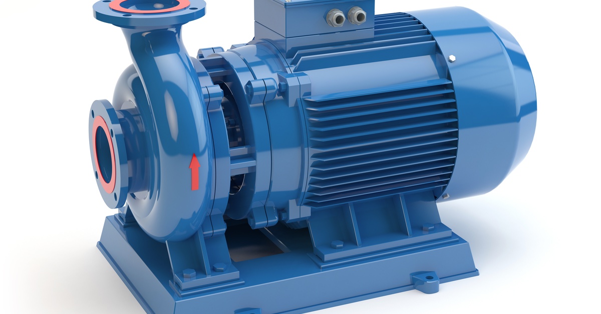 A small, blue electric water pump against a white background. There are small orange arrows painted on the pump.