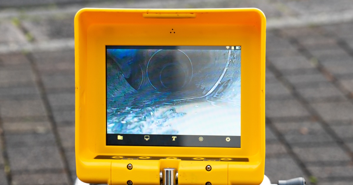 A closeup on the feedback screen of a sewer camera. The screen is showing the inside of a dirty sewer pipe.