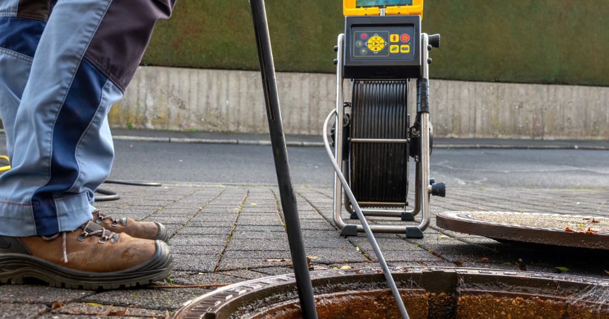 The legs of a sewer professional next to an open manhole. He is feeding a long camera down the manhole.