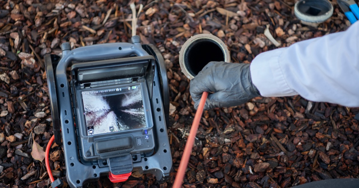 A sewer technician wearing gloves feeding a long camera down into a pipe. A nearby screen shows what the camera sees.