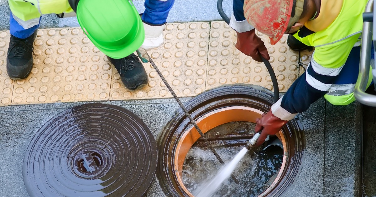 Two sewer professionals in safety gear and hard hats using a hose's water pressure to clean out a sewer opening.