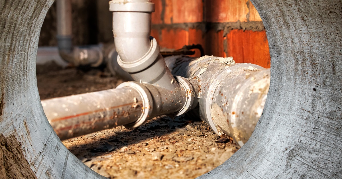 A view from inside a pipe of the piping system in the basement of a home. The pipes are covered in grime.
