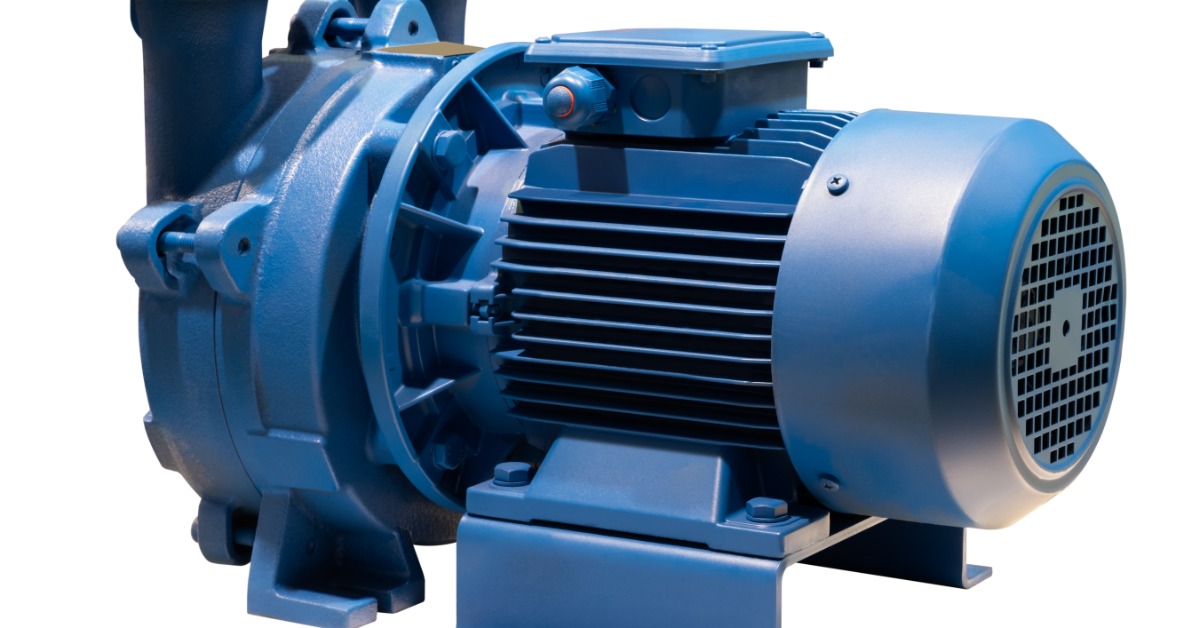 A singular industrial high-pressure water pump against a white background. The pump is made of a blue metal.