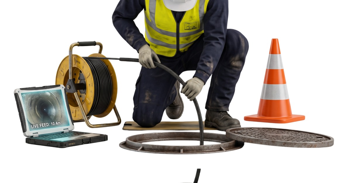 A sewage worker in a yellow vest feeding a camera down through a manhole into an underground pipe below him.
