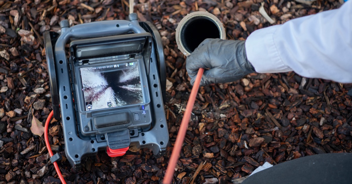 A technician feeding a long camera down into a pipe in the ground. The pipe is surrounded by wood chips.