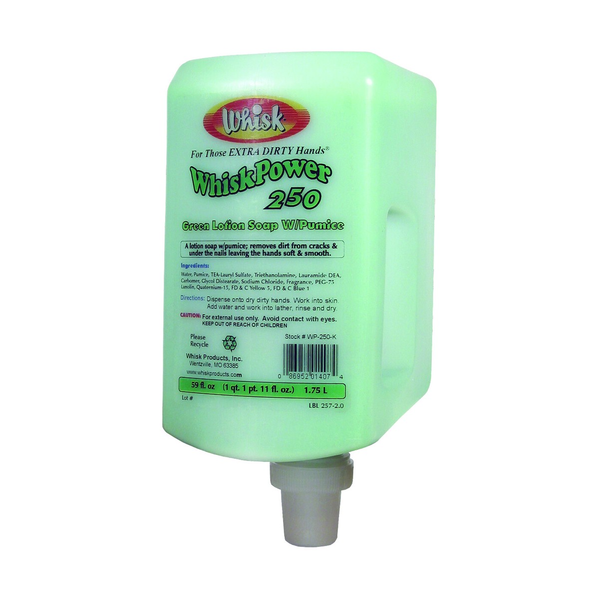 WhiskPower 250 Green Lotion Soap with Pumice, Liquid, 1.75L, case of 6