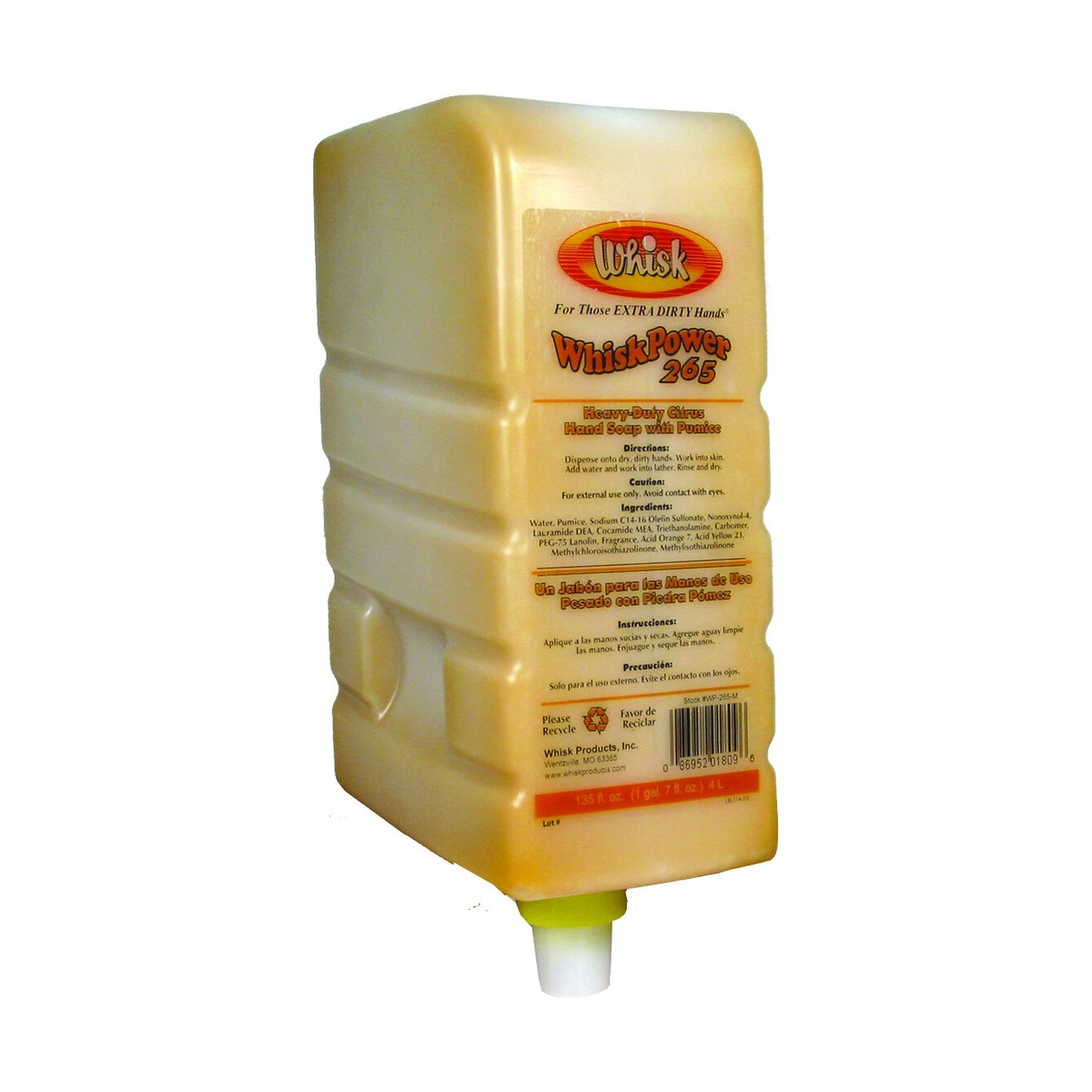 WhiskPower 265, Orange Hand Soap with Pumice, Liquid, 4.0L, case of 4