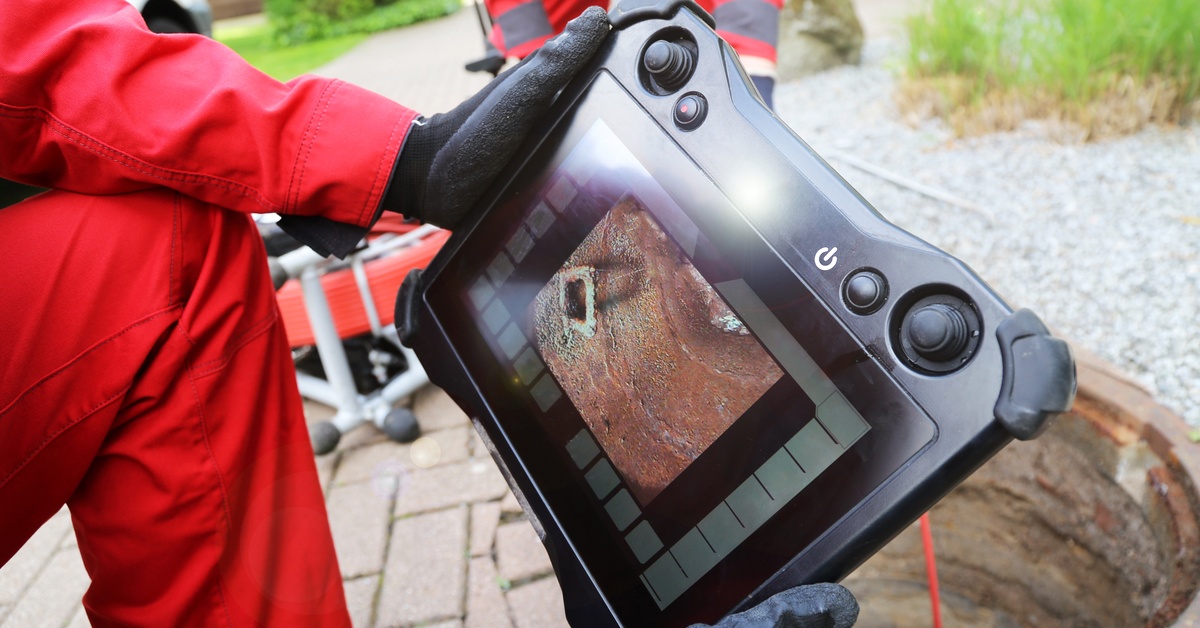 People in red jumpsuits inspect a sewer hole using a drainage camera that displays the inside of the pipe system on a tablet.
